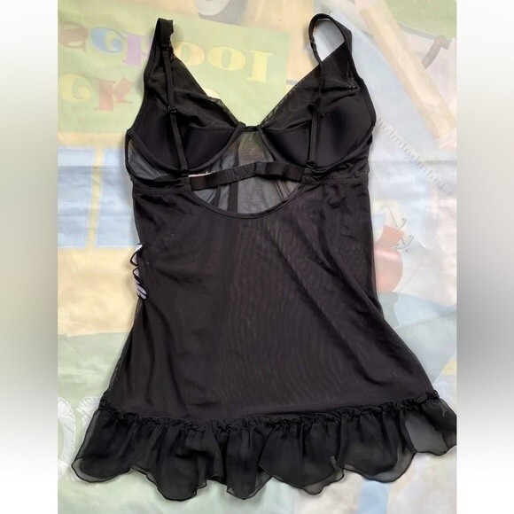 Victoria's Secret Black Mesh Underwire babydoll 36C Rose Embroidered VTG New - Picture 3 of 12